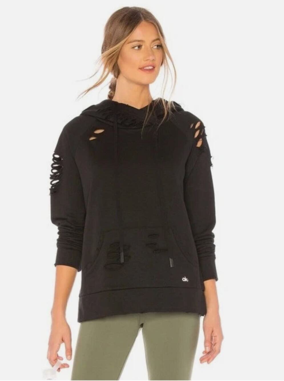 Alo Yoga Hoodie Black Destroyed Pullover Distressed Raglan Pockets Womens XS